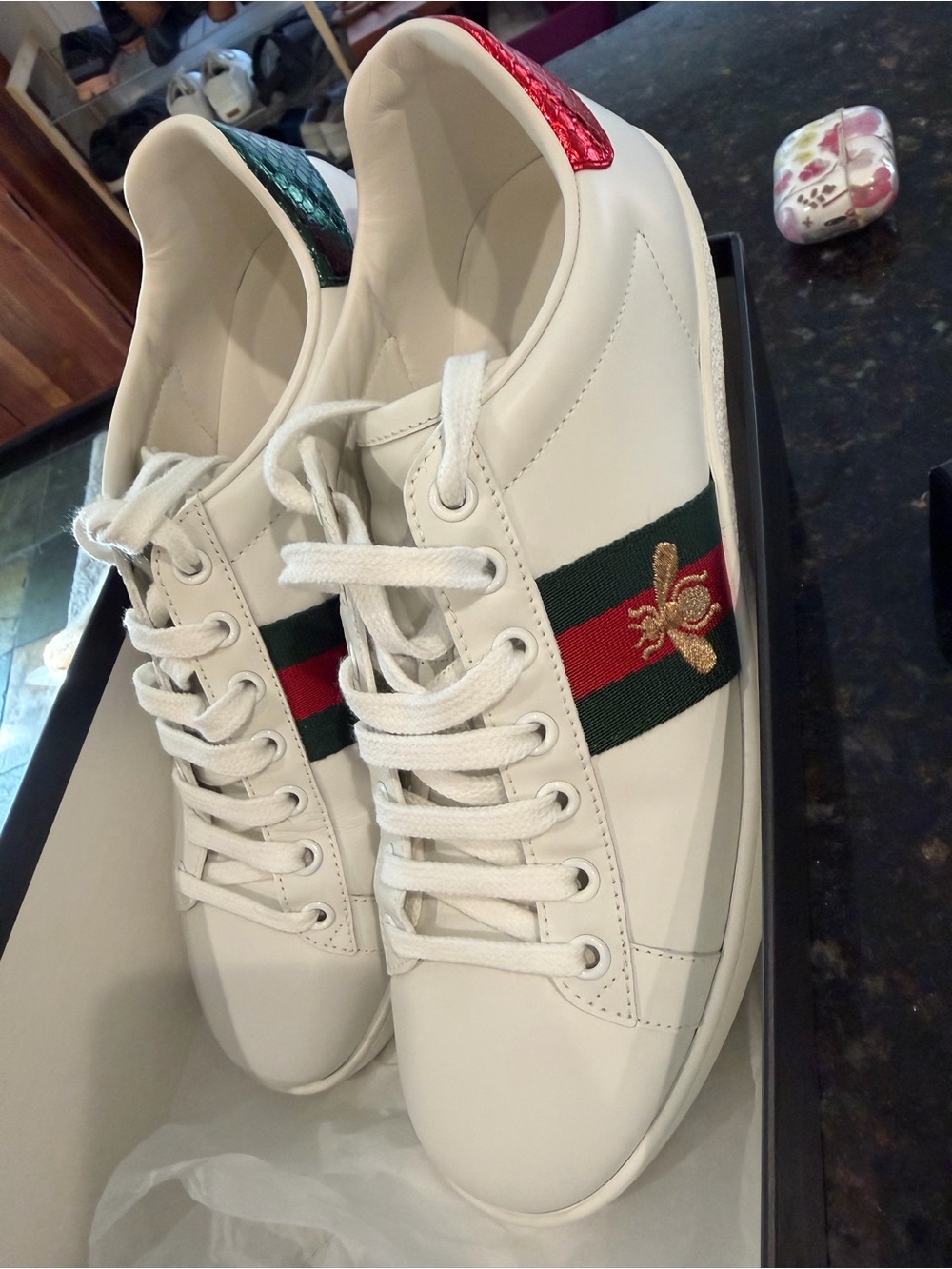 Gucci White Leather Ace Sneakers with Red & Green Stripe and Gold Bee